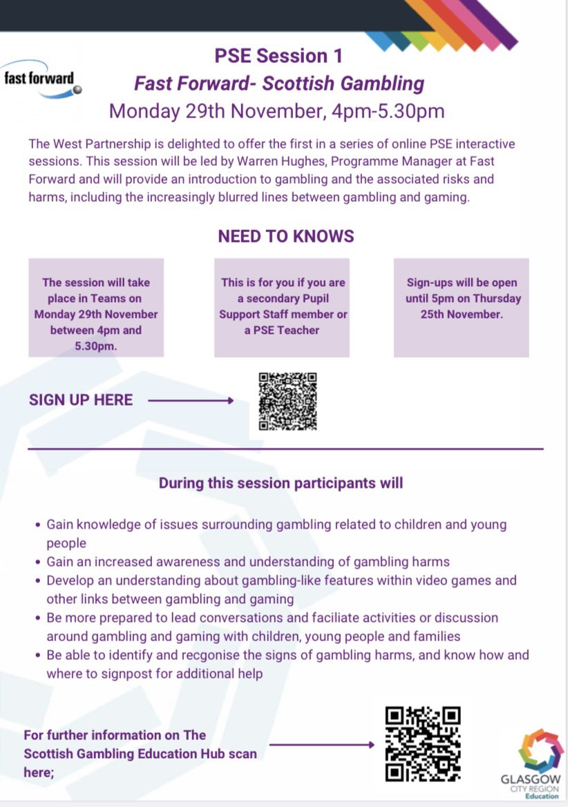 wp_education's tweet photo. The West Partnership are delighted to offer our first interactive PSE session based on Scottish Gambling ✅👏🏻
If you are Secondary Pupil Support Staff or a PSE Teacher sign up below ⬇️
Don’t miss out!
https://t.co/SiNHY8kW4C
#TheWestPartnership #WellbeingForLearning https://t.co/StZrifUOCk