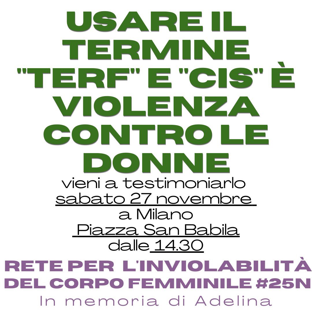 Radfem_Italia's tweet photo. Vi aspettiamo in Piazza San Babila il 27 novembre.
#25n #femminismoitaliano #femminismoradicale #sessononègenere #violenzapatriarcale #violenzamaschilista #queerèmisoginia #nogenere #nopas #nouteroinaffitto #noprostituzione #modellonordico #nopornografia #adelina https://t.co/a2vrdJIC8H