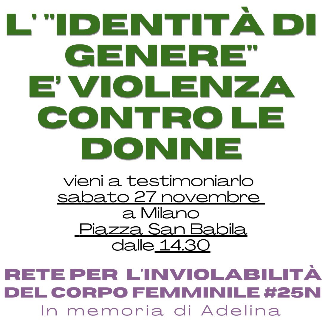 Radfem_Italia's tweet photo. Vi aspettiamo in Piazza San Babila il 27 novembre.
#25n #femminismoitaliano #femminismoradicale #sessononègenere #violenzapatriarcale #violenzamaschilista #queerèmisoginia #nogenere #nopas #nouteroinaffitto #noprostituzione #modellonordico #nopornografia #adelina https://t.co/a2vrdJIC8H