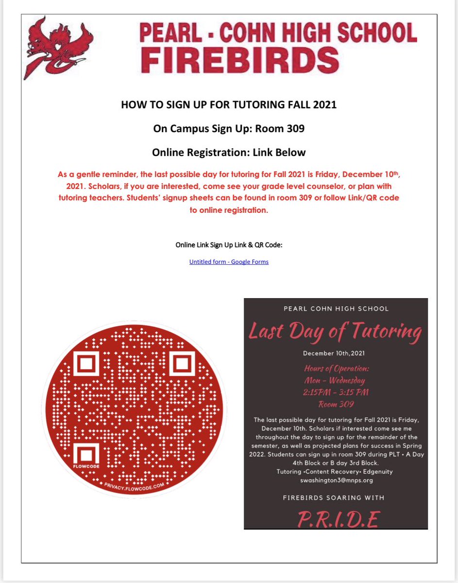 Washington1911_'s tweet photo. Happy Dignity Thursday Firebirds! It’s not to late to sign up for @PearlCohnHS  tutoring sessions! Please follow the steps provided above! @MiriamHarring14 @MetroSchools @PearlCohn_SGA https://t.co/9DU3Z6mwSm