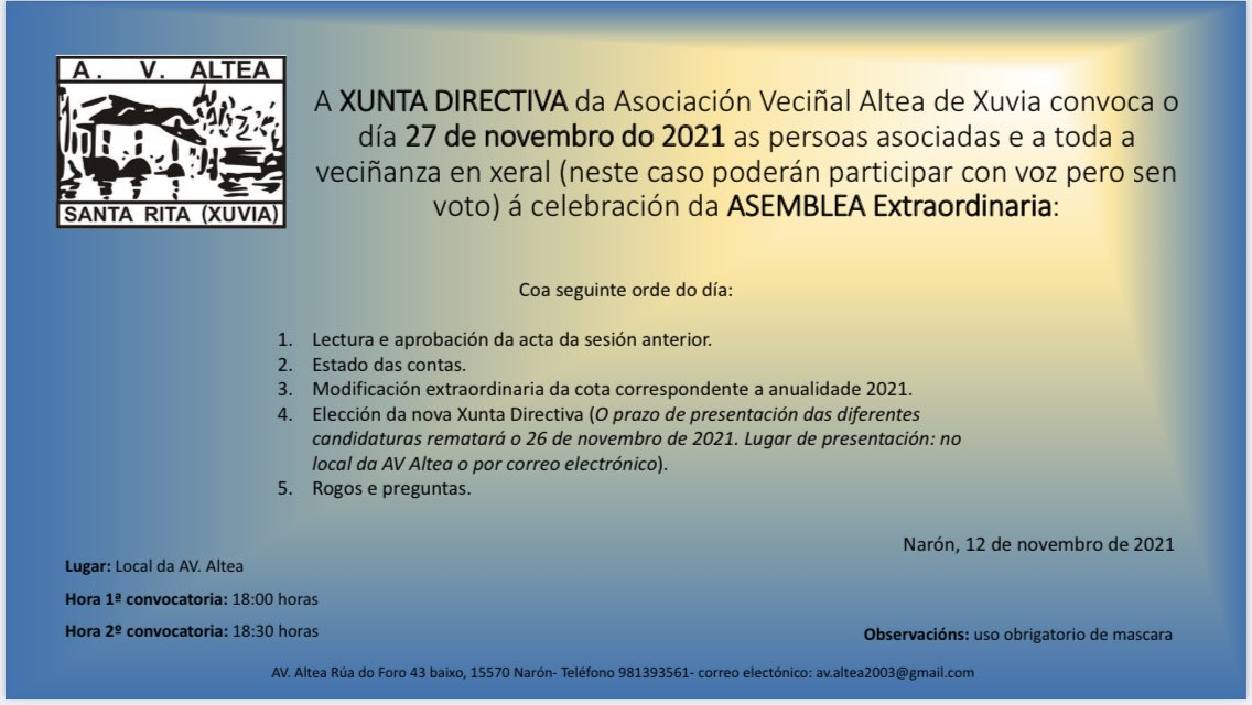 AlteaAv's tweet photo. ASAMBLEA EXTRAORDINARIA DA AV ALTEA

Sábado 27 de Novembro
Ás 18:30 horas
No local da Asociación de Veciños
Aberta a toda a veciñanza

Ao remate organizarase unha chocolatada!! 😜 https://t.co/DYs4k8MpFf