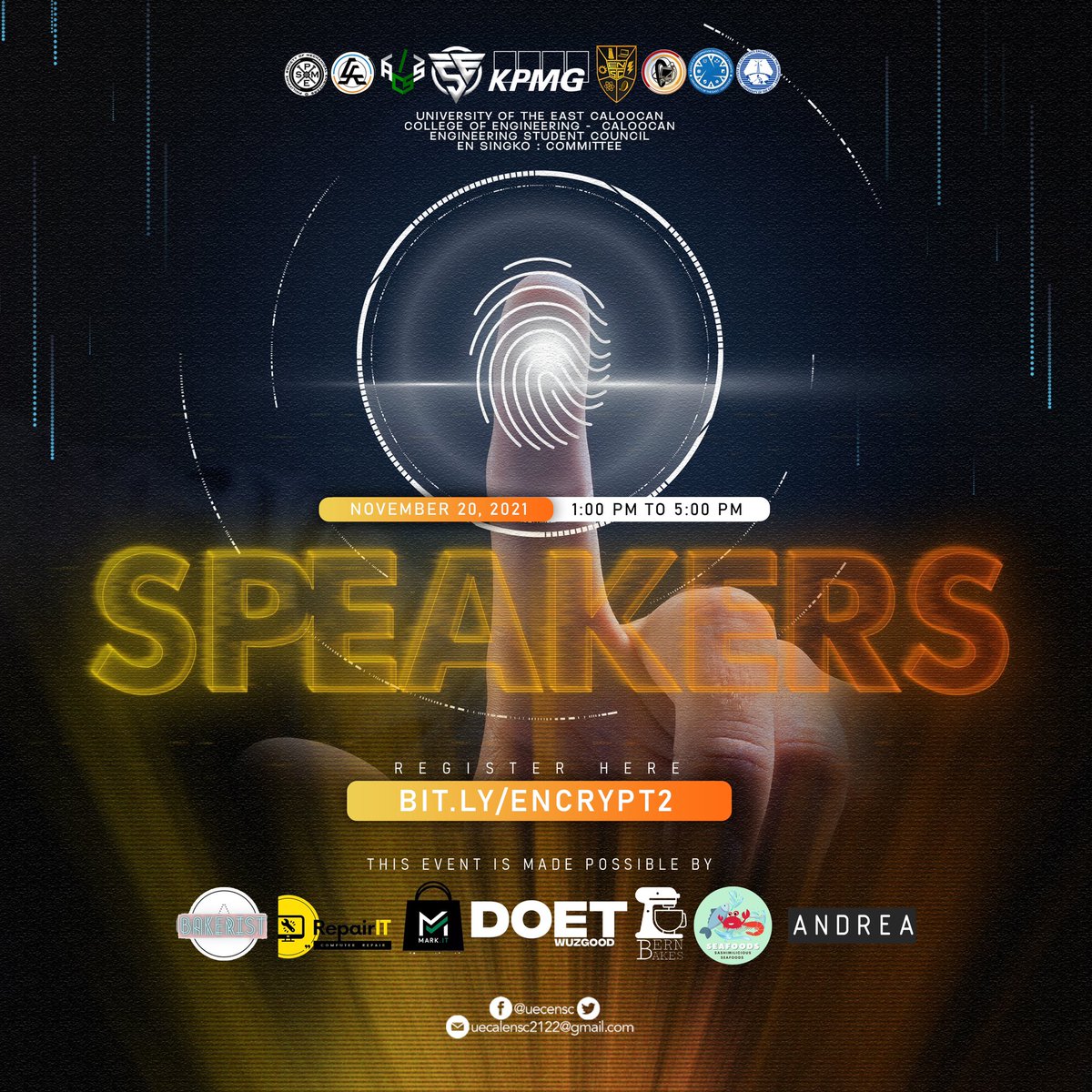 UECENSC's tweet photo. SeEN Zone Engineering Week | Encrypt 2.0: Cybersecurity Webinar Speakers 🧡

Presenting, the speakers for Encrypt 2.0!

Visit https://t.co/Vb0A3F2ryl to register.

[This webinar is open to all EN Warriors.]

#SeenZone #ENWeek
#ENSC2122 #PadayonEN https://t.co/mfHaMEaLlr