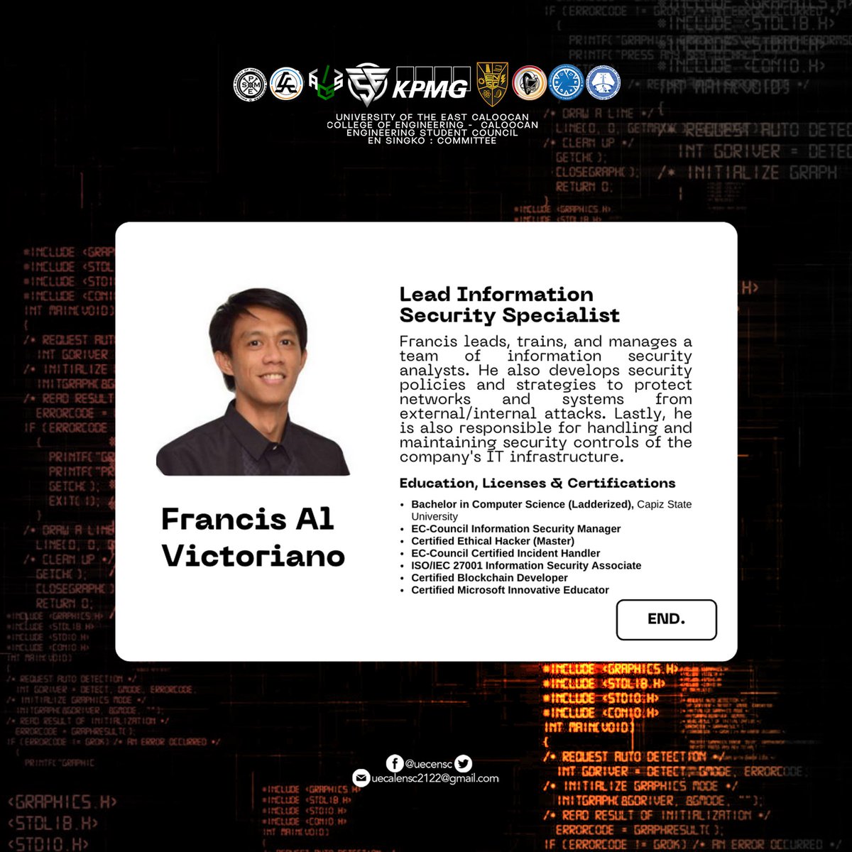 UECENSC's tweet photo. SeEN Zone Engineering Week | Encrypt 2.0: Cybersecurity Webinar Speakers 🧡

Presenting, the speakers for Encrypt 2.0!

Visit https://t.co/Vb0A3F2ryl to register.

[This webinar is open to all EN Warriors.]

#SeenZone #ENWeek
#ENSC2122 #PadayonEN https://t.co/mfHaMEaLlr