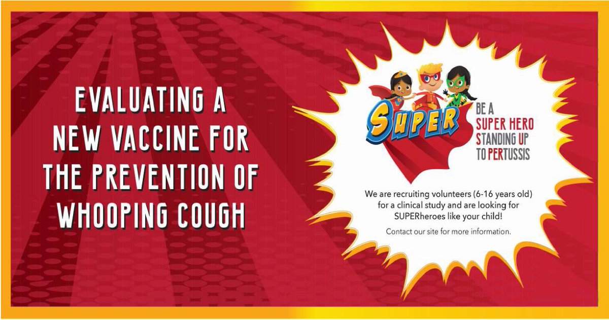 Our children’s research team is running a #whoopingcough vaccine study for children aged 6-16. The new vaccine has been developed to better protect against the disease.

For more information visit supertrial.co.uk and click ‘Am I eligible?’
#BePartOfResearch #whoopingcough