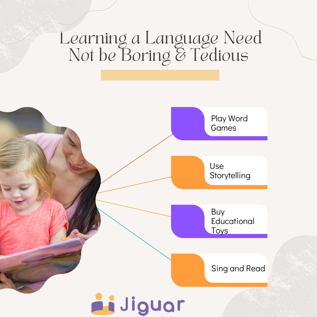 JiguarInc's tweet photo. Helping your toddler learn a language can be made easy, try following:
•Play word games
•Use storytelling
•Get interactive, use educational toys
•Sing-read books for them,
#childgrowthnotes #cognitivefunctions #earlychildhooddevelopment #earlychildhoodeducation #Jiguar https://t.co/34I9oNgnza