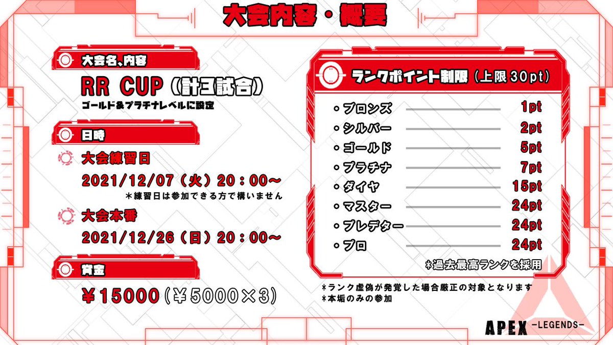 redr_ta's tweet photo. APEXカスタムマッチの応募フォームです！ご興味ある方は是非是非！

▫︎RR CUP 
＊プラチナゴールド帯を想定
▫︎日程
▫︎制限
ランク制限あり（合計p）
▫︎賞金　¥15000

申込書に記載の内容を必ずお読みになってからのご応募をお願いしています！参加お待ちしてます！
https://t.co/AcCHju8IEh https://t.co/QKO34RdBRe