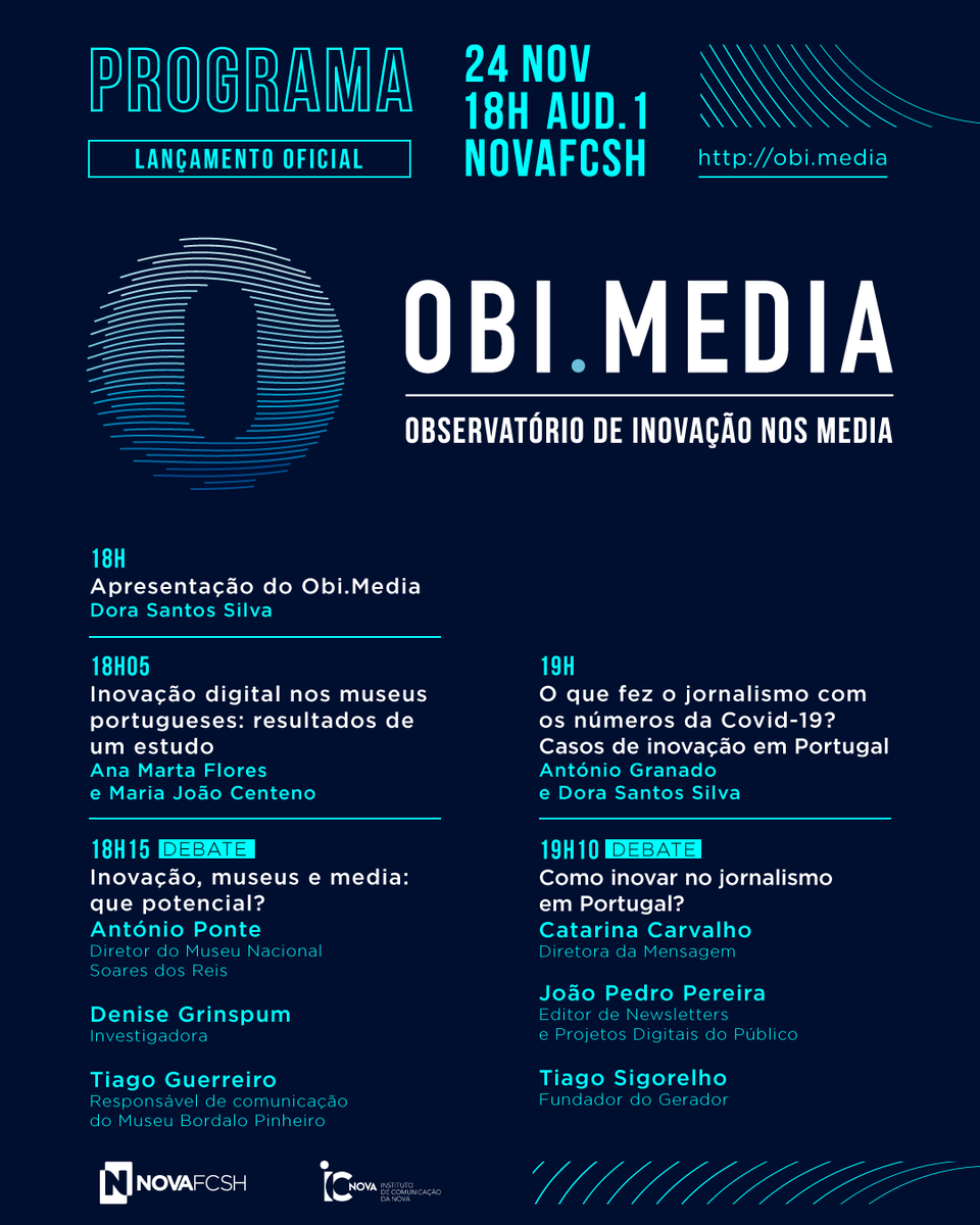 ObiMedia's tweet photo. 24 Nov. 18h. Na @nova_fcsh. O lançamento do https://t.co/lOeQMDfTXf junta convidados que fazem a inovação acontecer nos media e nos museus, inclui a apresentação de estudos e conta também, esperemos, com a vossa companhia. https://t.co/dIriON5EtJ