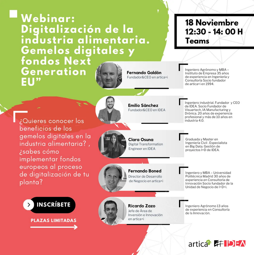 RevistaAlimenta's tweet photo. Webinar ‘Digitalización de la industria alimentaria. Gemelos digitales y fondos Next Generation EU’ de @IDEA_INGENIERIA y artica+i 

Emilio Sánchez, CEO de IDEA:
"La #digitalización es un compañero de viaje hacia el #crecimiento de la empresa" https://t.co/GKnvqBUTtt