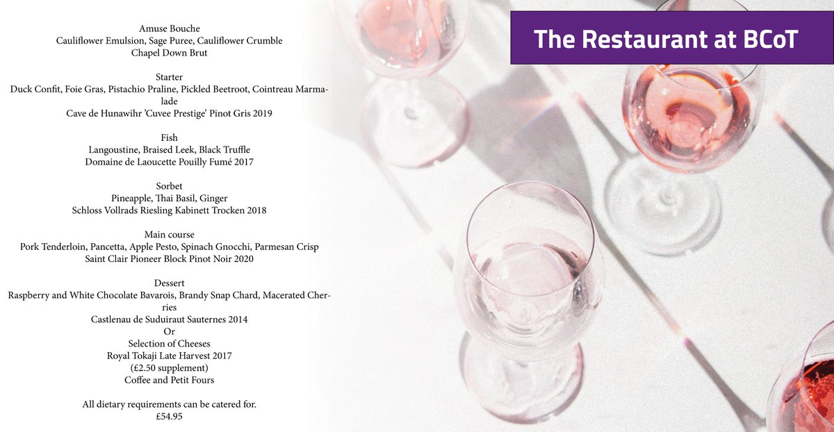 The Restaurant at BCoT is very excited about our Wine Pairing tonight.

We have worked very closely with our partner to bring you some top-notch wines from around the world, that pair extremely well with our exquisite menu. 🍷

therestaurant.bcot.ac.uk