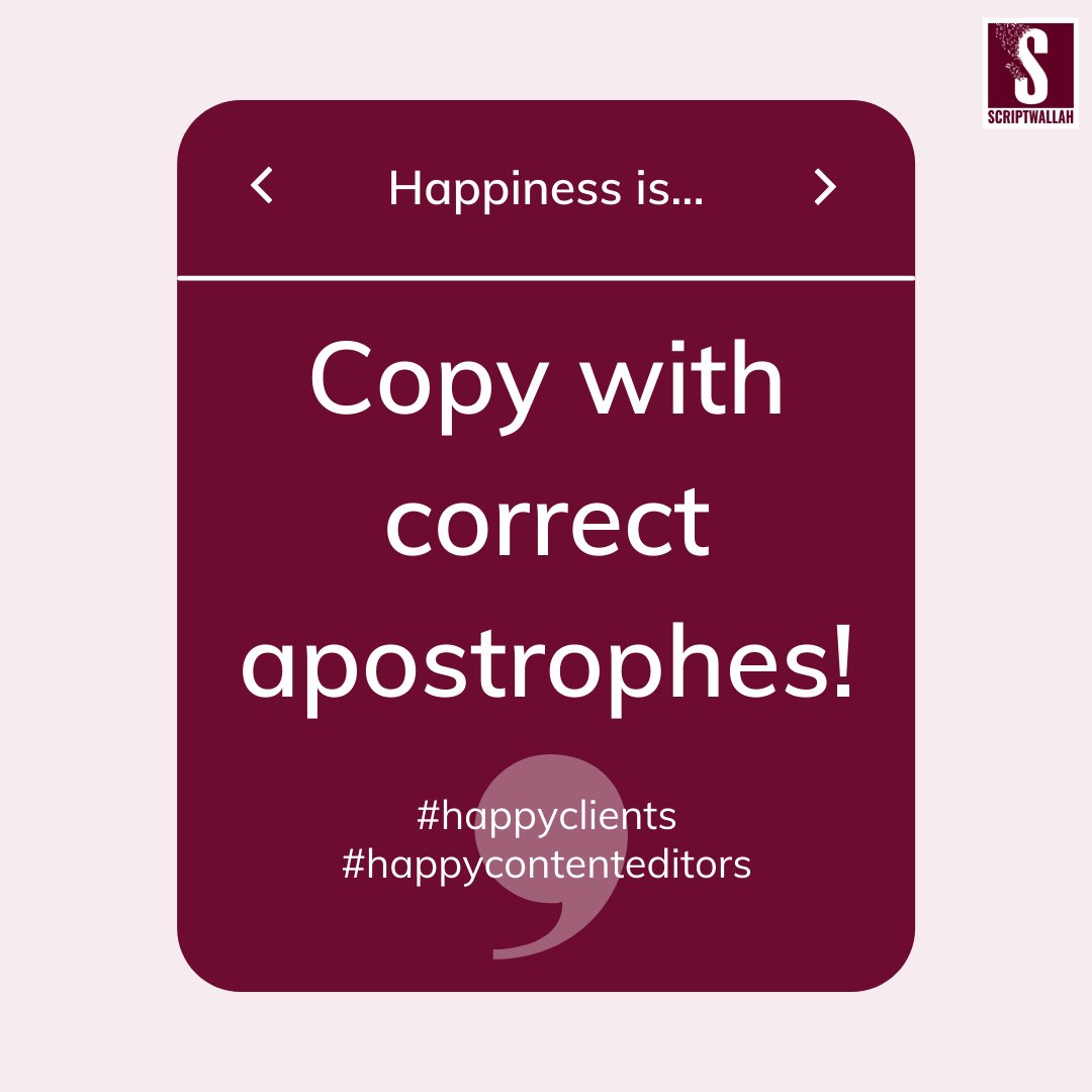 scriptwallah's tweet photo. Apostrophes..one of the things most dreaded by writers..and editors too! But at Scriptwallah..we place our apostrophes right.. and make our clients happy with great copy that's also grammatically perfect!
#Writer #writers #writerscommunity #scriptwallah #scriptwallahcommunity https://t.co/mbfQDNipQ2