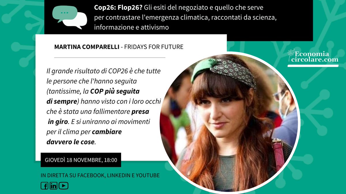 EcoCircolareCom's tweet photo. ⏰ Mancano poche ore all'appuntamento con il nostro #CircularTalk numero 19.
Un webinar nel quale facciamo un bilancio (non troppo positivo purtroppo) della #COP26 di Glasgow.
Non perdetevi la diretta su YouTube a partire dalle 18 ➡️ https://t.co/bdobRl8beq
#climatechange https://t.co/n9e8vyMvmt