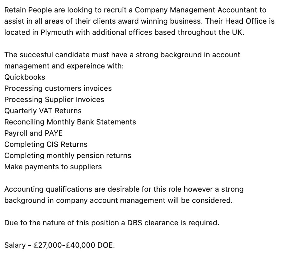 To apply please send your cv to alex@retainjobs.com

#RetainPeople #RetainExcellence #recruitment #Devon #management #jobsearching #ThursdayMotivation