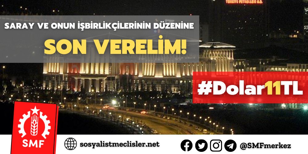 Saray'ın dolar milyarderi sahibi  ve suç ortakları zenginliklerine zenginlik katarken; halk her gün daha yoksul bir ülkeye uyanıyor. Çaresiz değiliz ve bu düzeni değiştirebiliriz. AKP-MHP ve onun tüm suç ortaklarının sömürü ve talan düzenine son vereceğiz. #Dolar11TL