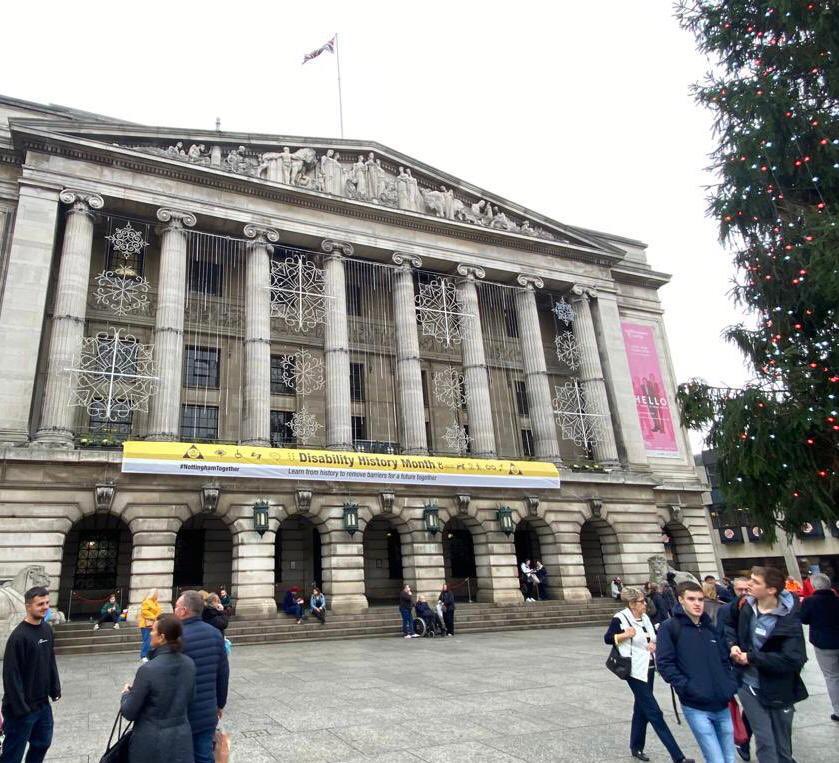 MyNottingham's tweet photo. UK Disability History Month 2021 starts today! We’re proud to be wearing our banner! Find out about the activity taking place to mark the history of disabled people’s fight for equality and human rights https://t.co/r9gLoWijar #UKDHM https://t.co/KSMacQ6TSS