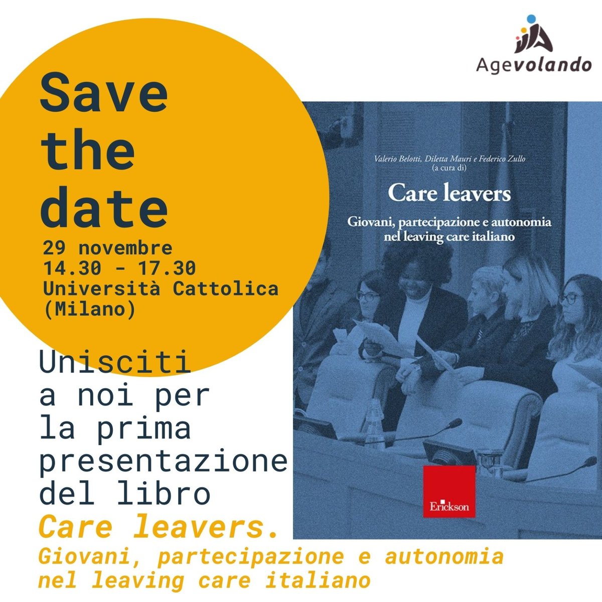 📅 Lunedì 29 novembre dalle 14,30 alle 17,30
🌎 Università Cattolica del Sacro Cuore - #Milano

Prima presentazione del libro: "Care leavers. Giovani, partecipazione e autonomia nel leaving care italiano". 

#SaveTheDate #CareLeavers