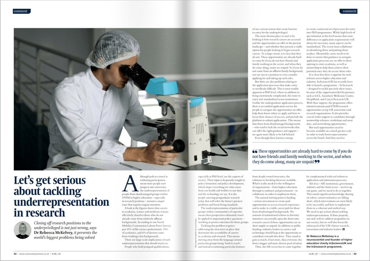 Let's get serious about tackling underrepresentation in research 🎓📖

Our founder <a href="/rebecca_mck/">Rebecca McKelvey</a> explains in the latest edition of <a href="/UB_UK/">University Business</a> why closing off research positions to the underprivileged prevents the world's biggest problems from being solved.

bit.ly/3Fq2K1N📲