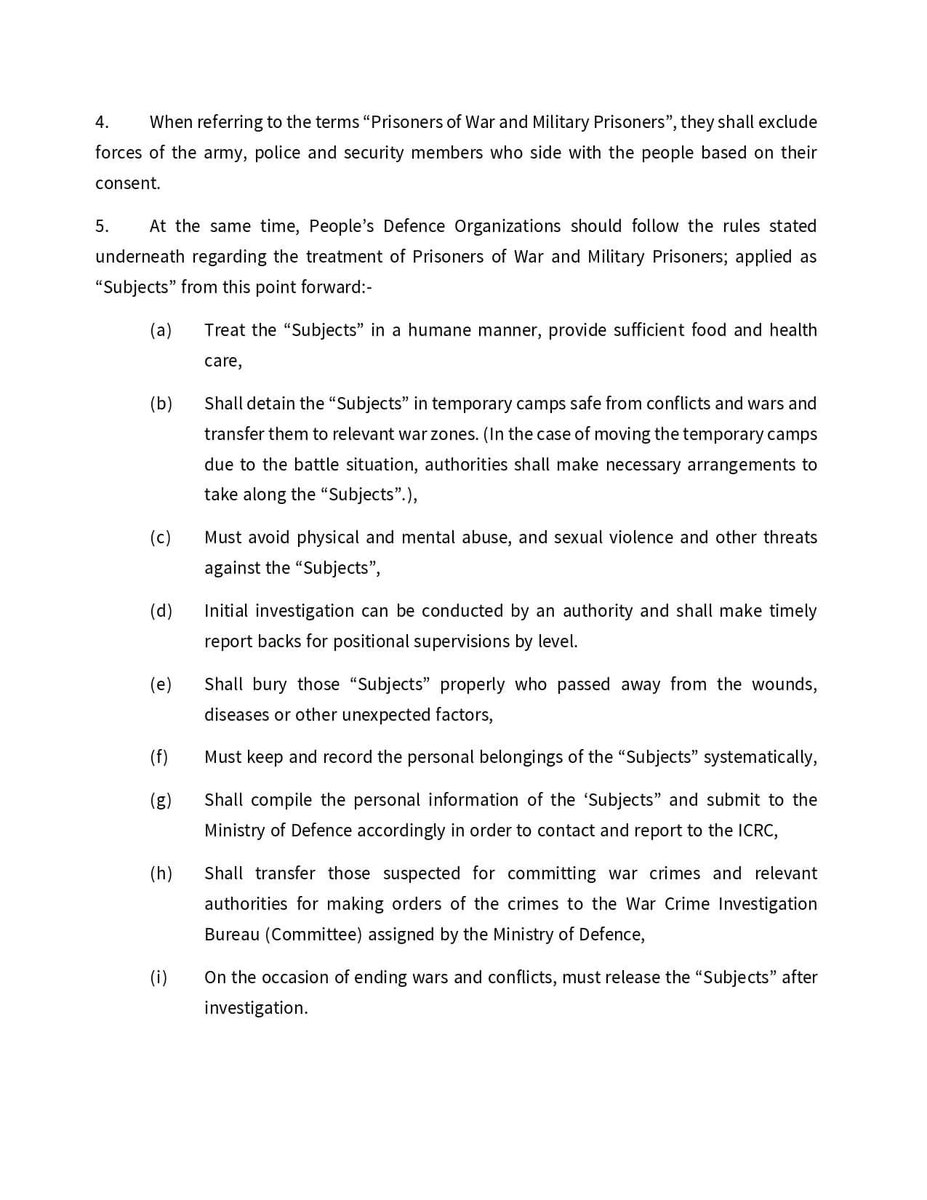 NUGMyanmar's tweet photo. To follow &amp; abide by international rules, ethics &amp; norms provided in Geneva Convention, guidance on Detention of Prisoners of War &amp; Military Prisoners by the People’s Defence Organizations for #PDF &amp;  People’s Defence Organizations under supervision of #MoD #NUGMyanmar is issued. https://t.co/CsizzQqIDS
