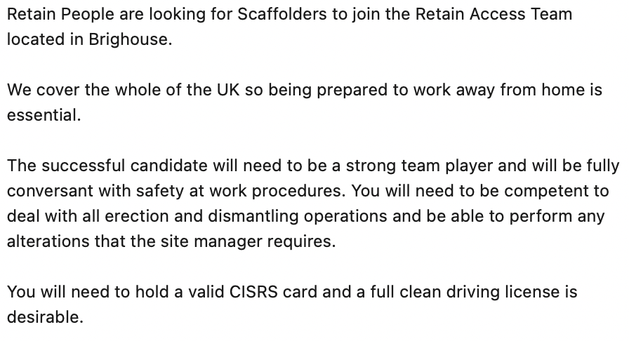 Please send your cv to alex@retainjobs.com

#scaffolders #RetainPeople #RetainExcellence #recruitment #westyorkshire #teamworkthursday