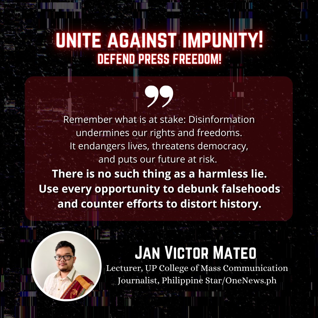 In the time where the Internet serves as our main ground for information, professors and lecturers of UP College of Mass Communication shared their thoughts on upholding the truth amid disinformation in the fast-paced cyberspace.

#DefendPressFreedom
#EndImpunity
#BreakFree