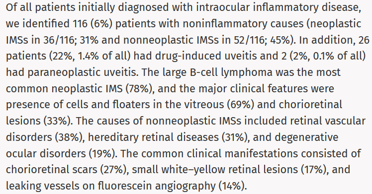 RetinaJournal's tweet photo. CAUSES AND CLINICAL MANIFESTATIONS OF MASQUERADE SYNDROMES IN INTRAOCULAR INFLAMMATORY DISEASES
Rothova, Aniki MD, PhD; et. al. 
Nov2021 Vol41(11)p2318-24 
Noninflammatory causes were seen in 6% of a large population with initial diagnosis of IID.
https://t.co/Kg7zzpDVAu
#retina https://t.co/E6VFWwv9QY