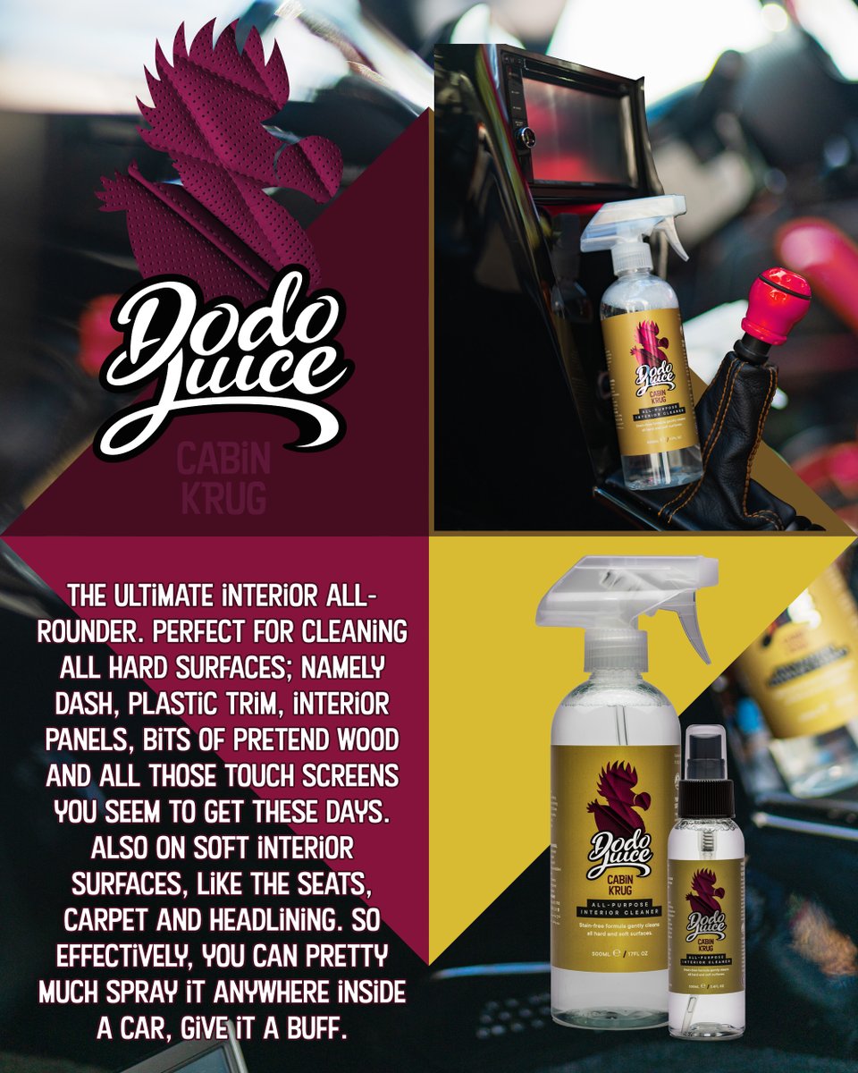 The REFRESH range introduced the new Cabin Krug interior cleaner, used in conjunction with our Hog's Hair brush kit, makes keeping your interior 'champagne' fresh easy. Available now in 100ml and 500ml spray on our shop.
dodojuice.com/ck