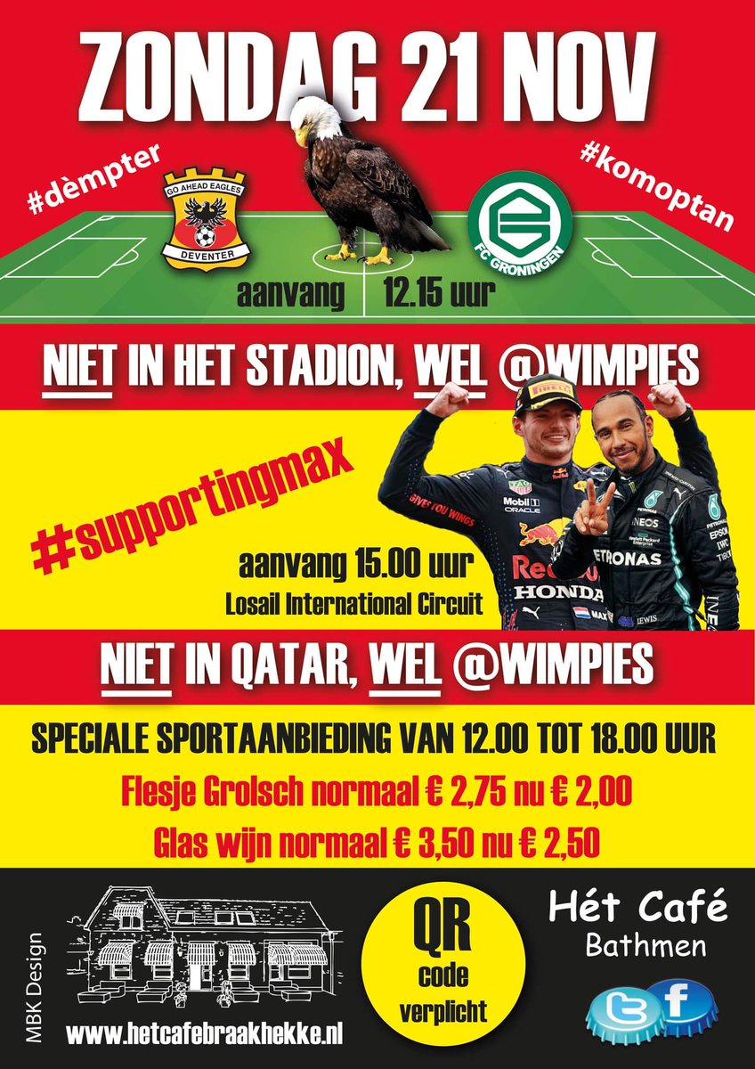 Aanstaande zondag:
Sport live on screen <a href="/CafeBraakhekke/">CafeBraakhekke</a> Bathmen. Supporting <a href="/GAEagles/">Go Ahead Eagles 🦅</a> 12.15 uur &amp; <a href="/Max33Verstappen/">Max Verstappen</a> 15.00 uur. Flesje Grolsch en glas wijn voor sportprijs van 13.00 tot 18.00 uur. #supportyourlocals