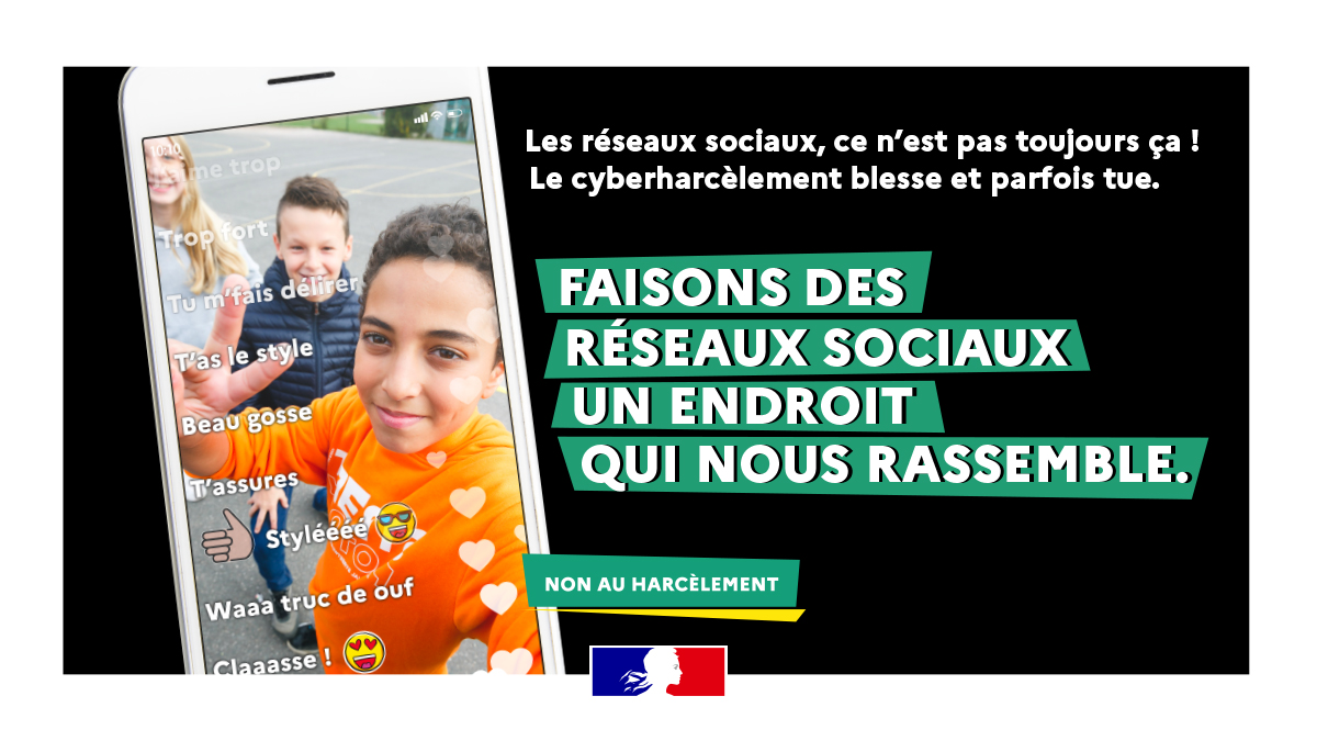 Les réseaux sociaux ce n'est pas toujours ça ! Le cyberharcèlement blesse et parfois tue.
Faisons des réseaux sociaux un endroit qui nous rassemble.

❌#NonAuHarcelement 
Victime ou témoin
📲 30 20 en cas de #harcelement 
📲 30 18 en cas de #Cyberharcelement