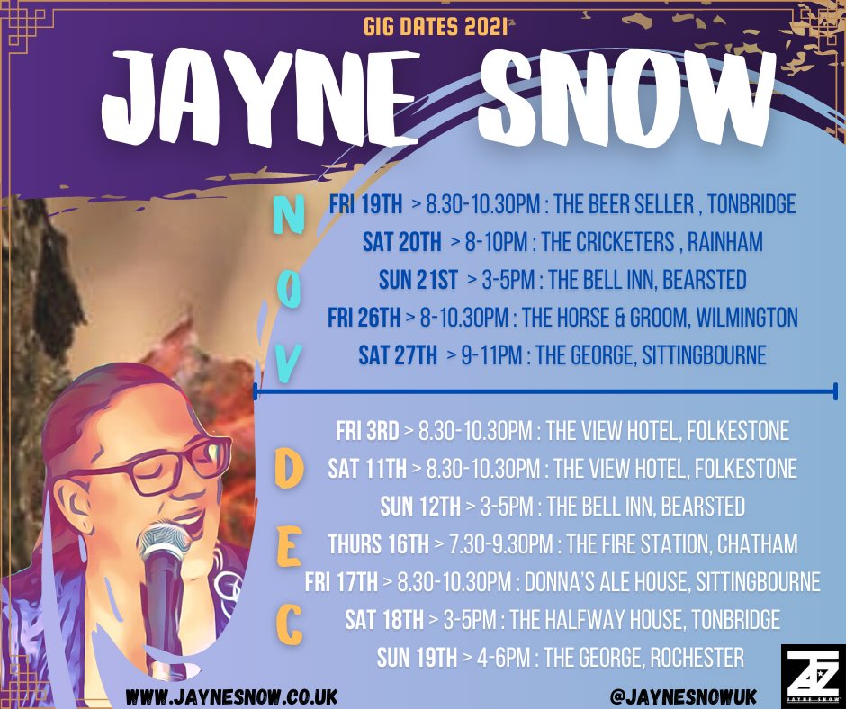 📣Jayne Snow GIG DATES Nov-Dec 2021! 

I’m absolutely stoked to be back out gigging! Save these dates to your diary! 😁😎🤟🏻 

As always, thank you for all your continued support! 🙂
Lots of musical love,
Jayne -x-

#JayneSnow #GigDates #NovemberGigs #DecemberGigs #JayneSnowUk