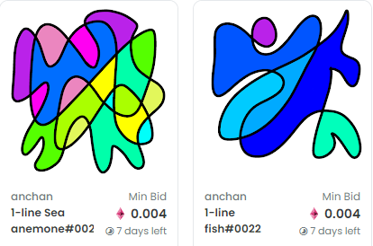anchanNFTART's tweet photo. 2つアップしました。
『fish#0022』
『Sea anemone#0022』
1-llineシリーズは、一筆書きで描いています。
よかったら是非一度見てください！
https://t.co/UCVyLCSwkJ https://t.co/alIrwJizUY