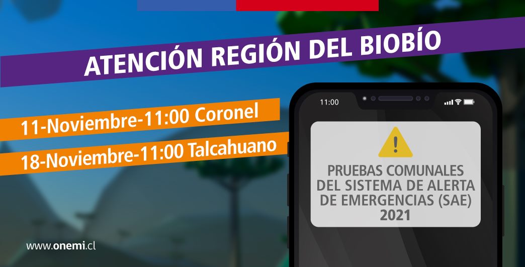 munitalcahuano's tweet photo. ⚠️[RECUERDA] HOY jueves, a las 11:00 horas, la ONEMI realizará pruebas del Sistema de Alerta de Emergencia para celulares en la comuna de #Talcahuano.

¿Cómo funciona? enviaremos un mensaje de a tu celular #PruebasSAE #ONEMIBiobio

Más info: ➡️ https://t.co/QssVOftBSm https://t.co/GgIvhH4zA2
