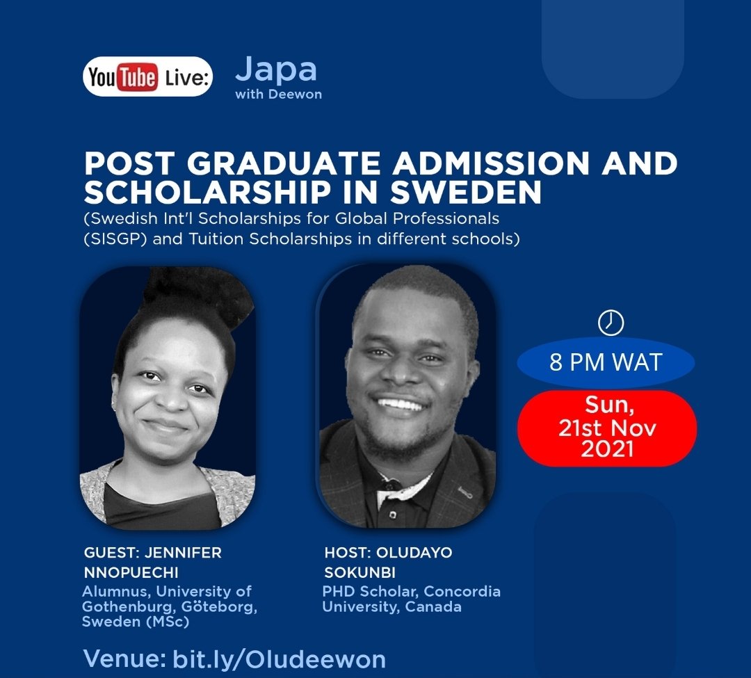 Oludeewon's tweet photo. We are finally ready.

Apologies for the change in date and time.

8pm WAT this Sunday.

Scholarship in Sweden. 

Venue: https://t.co/IzXr8Fzh92

RT and subscribe. https://t.co/iBKpJ2dAms