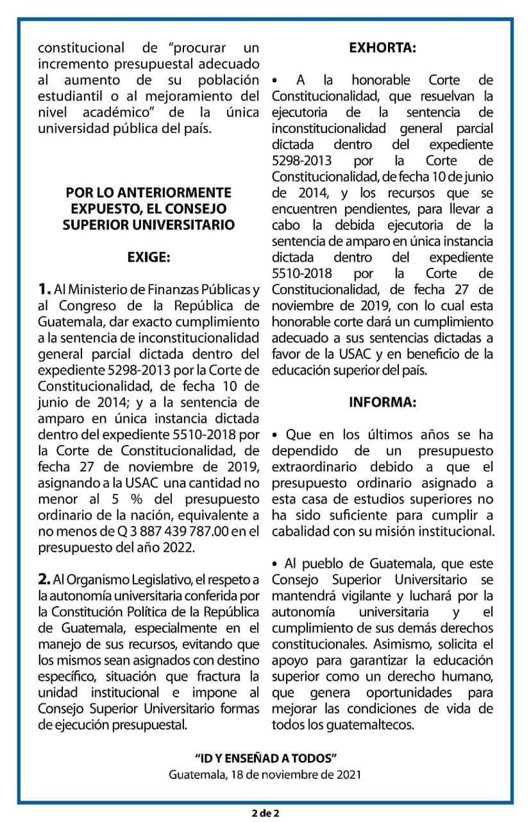 ElSancarlistaU's tweet photo. La @usacenlinea exige el 5% constitucional del presupuesto del Estado para la educación superior de calidad. https://t.co/ZIUZHSSVLk