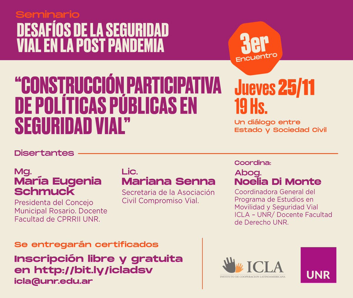 ICLA_UNR's tweet photo. Nuestro Programa de Estudios en Movilidad y Seguridad Vial invita a este seminario para debatir sobre construcción participativa de políticas públicas en #SeguridadVial 
Inscripción: https://t.co/Gq96YvJZ4q https://t.co/UbckD4Ei9E