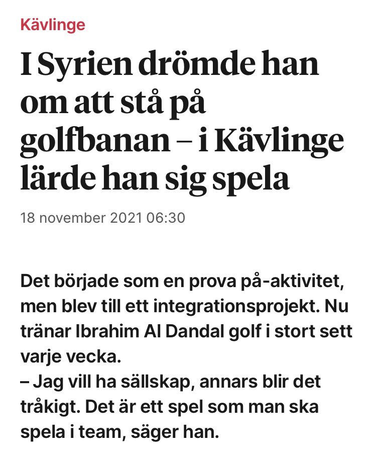 niklasorrenius's tweet photo. Som barn i Syrien drömde Ibrahim Al Dandal om att spela golf. 2018 kom han till Sverige. Nu jobbar han på äldreboende i Kävlinge - och golfar.

”Allt började med en golfintresserad eldsjäl från församlingen – Jan Berglund, som håller i läxhjälpen.”

❤️⛳️ 

https://t.co/s5BKwrESIR https://t.co/OHIEzORyXo