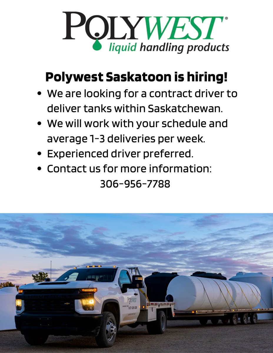 Spread the word — Polywest Saskatoon is hiring a driver! 🚚 If you or anyone you know might be interested, get in touch! We're a fun team. 😎