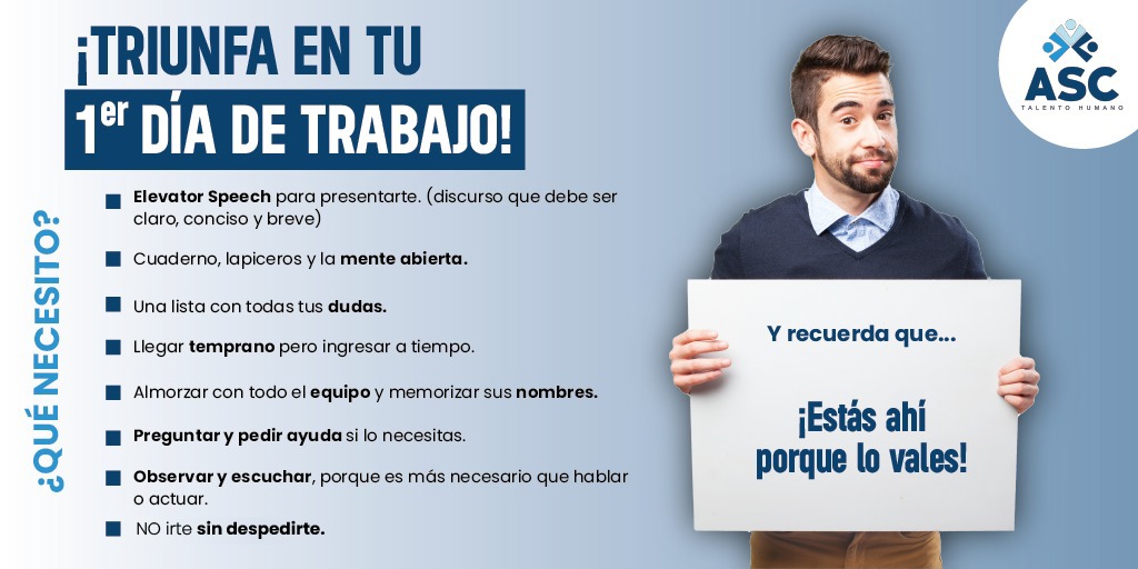 GRUPOASC_PERU's tweet photo. 📌Triunfa en tu primer día de Trabajo, con los siguientes tips.😀💪
#TipLaboral #Empleabilidad #TipASC https://t.co/pbrrWQFpc2