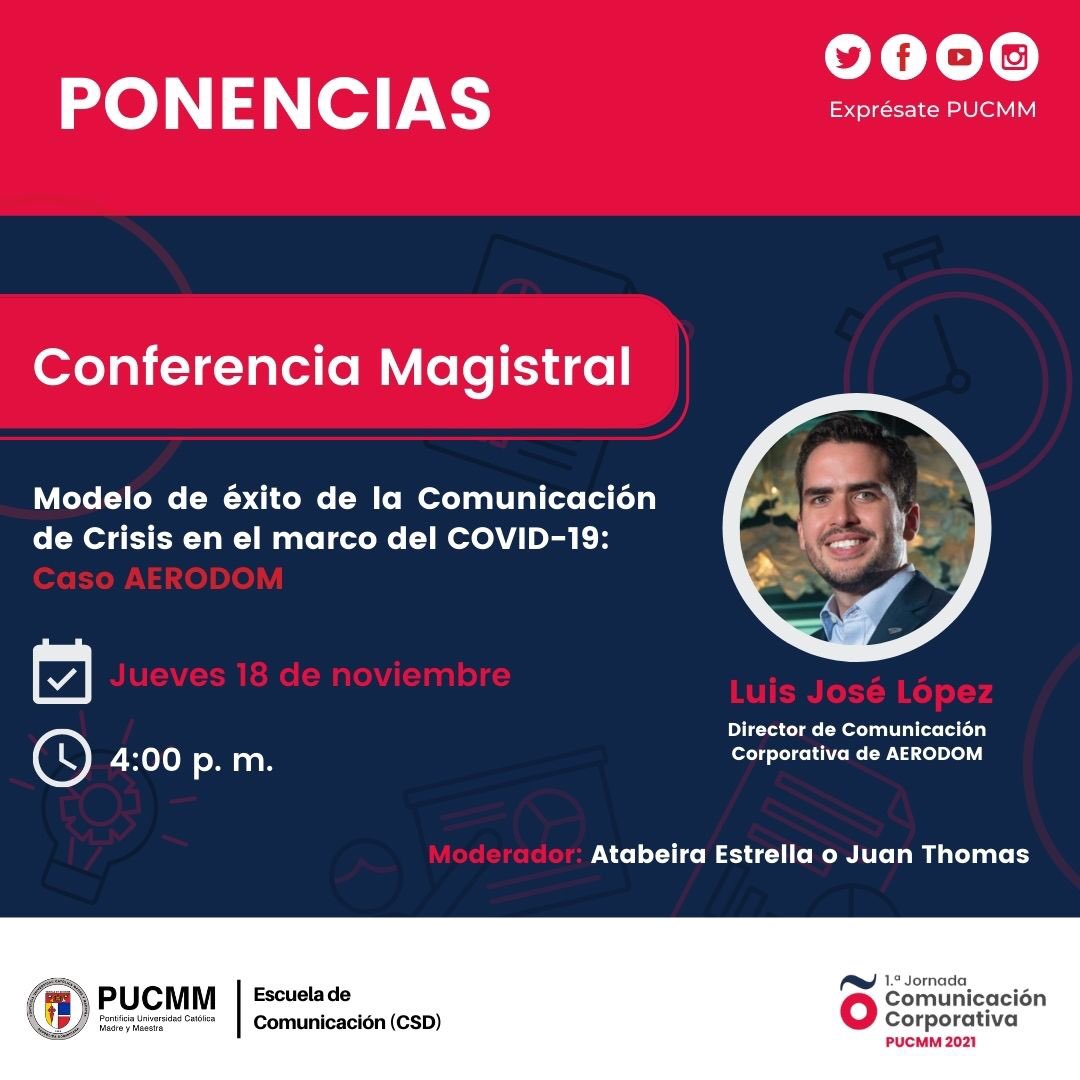 ¿Seguimos? ¡Sí! ¿Paramos? ¡No! 😉✌

Te recordamos nuestra conferencia magistral  de hoy😎.

Conferencia Magistral- 4:00 p.m. A cargo de Luis José López, de AERODOM  con el tema  "Modelo de éxito de la Comunicación de Crisis en el marco del COVID-19: Caso AERODOM