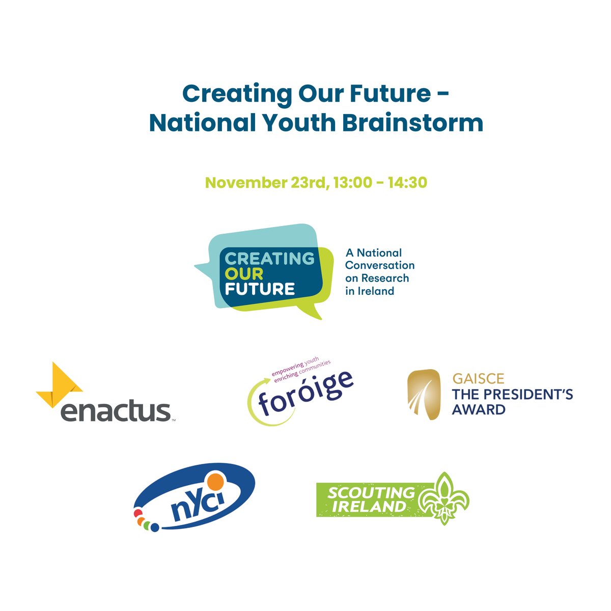 Leading Irish Youth Organisations will join Ireland's biggest brainstorm at an online event including <a href="/SimonHarrisTD/">Simon Harris TD</a> on Tues 23 Nov at 1pm. The virtual session aims to encourage as many young people as possible to have their say in #CreatingOurFuture

bit.ly/3qPpKTY