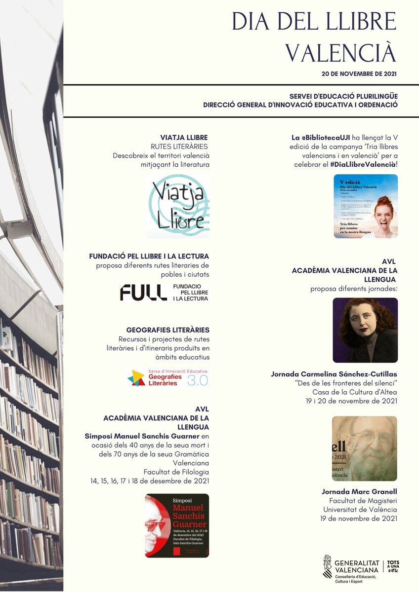 📚 El 20N celebrem el Dia del Llibre Valencià i hem preparat una sèrie de recursos i activitats al #ReDi per a commemorar aquest dia amb l'alumnat: bit.ly/3nrMyH0

😉 Al Rebost Digital també trobareu sempre material didàctic i altres recursos: bit.ly/32i8AnP