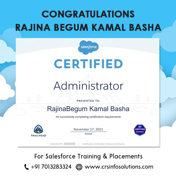 Hearty Congratulations to our student Rajin Begum. All the very best to future endeavours. For Salesforce training and certification preparation, please enroll in our free demo class.

Phone: +91-9347854179
Website: crsinfosolutions.com
#salesforcecertified #salesforcetraining