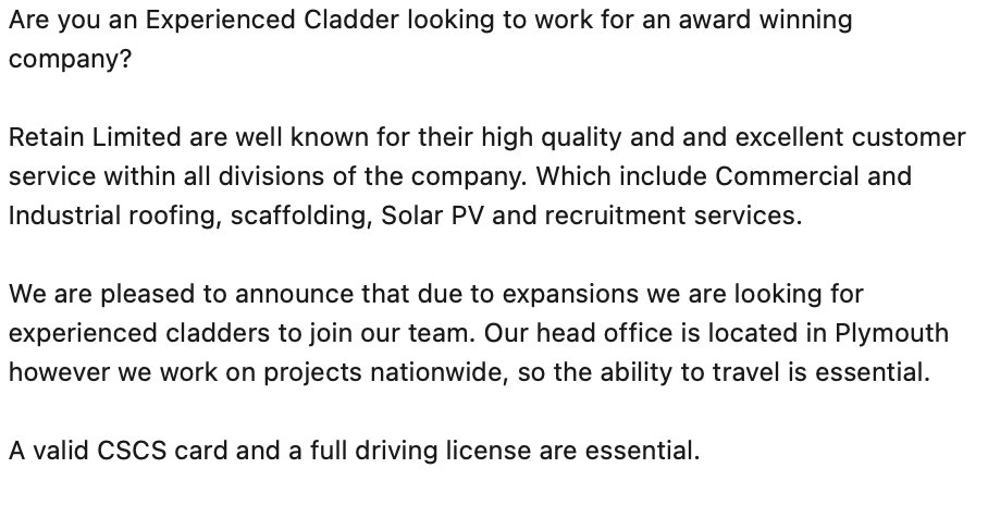 Please send your cv to alex@retainjobs.com

#RetainPeople #RetainExcellence #recruitment #ThursdayMotivation #cladder #Solar #jobsearching