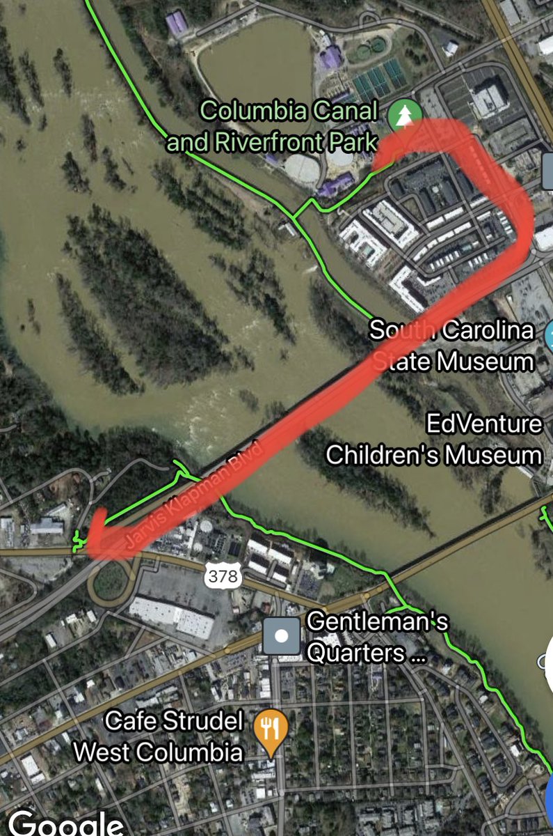zachpippin's tweet photo. We could easily connect @WestColumbiaSC and @CityofColumbia greenways overnight with some concrete barriers across the Jarvis Klapman bridge. #MobileMidlands https://t.co/L2ALWguxtm