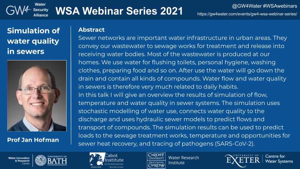 TOMORROW: @WIRCBath co-director Prof @hofman22 returns to @Gw4Water #WSAWebinars! His talk is titled: 'Simulation of water quality in sewers'.💧

🗓️19/11/2021 14:30-15:30 GMT 

Registration via Zoom: gw4water.com/events/gw4-wsa…