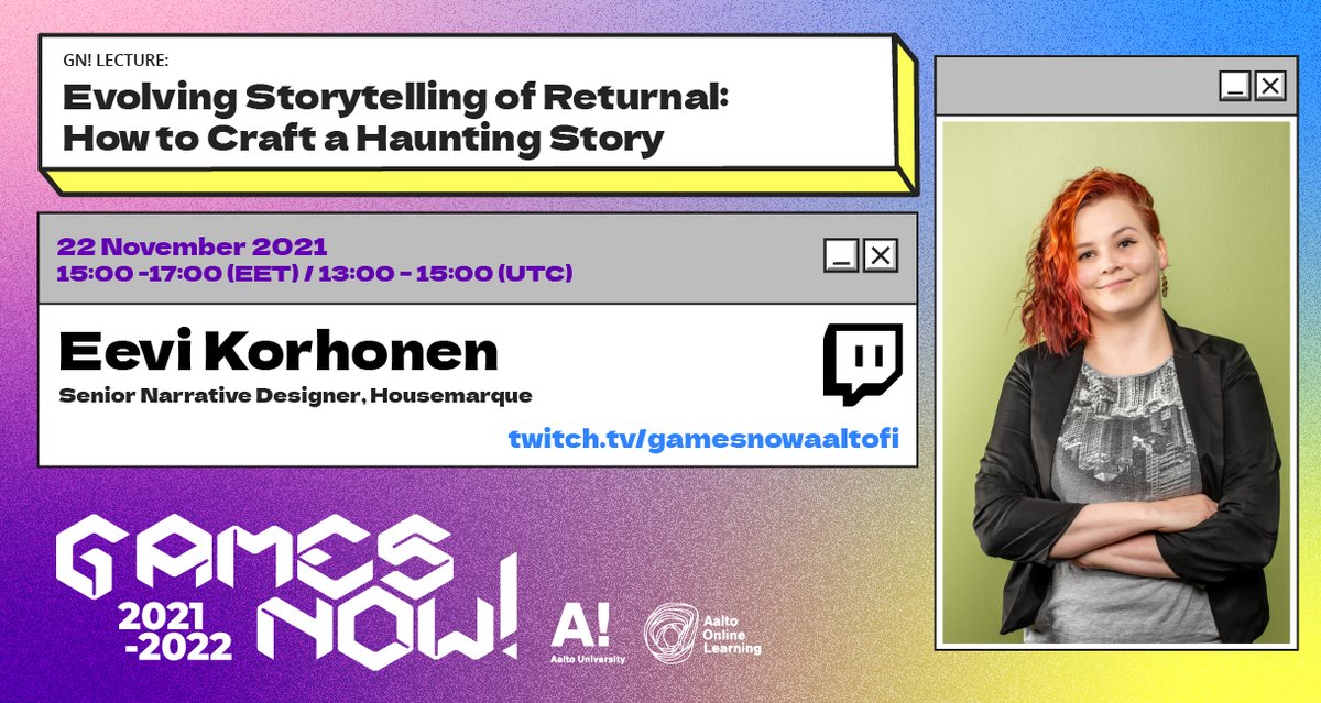 gamesnowaaltofi's tweet photo. ✨Lecturer change! ✨ Join the lecture on 22nd November 2021, by @silliet @Housemarque with the topic "Evolving Storytelling of #Returnal: How to Craft a Haunting Story." 📖 The lecture will be live on GN! Twitch #gamesnowaaltofi #aaltofi https://t.co/GR5ccZOfKW