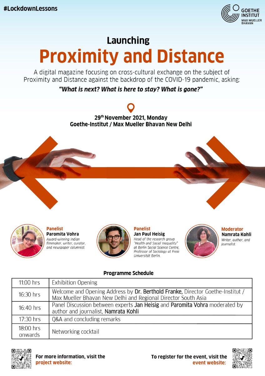 kohli_namrata's tweet photo. #Goethe-Institut #MaxMueller #lockdown #lessons #Covid_19 #pandemic #GlobalGoals
Also hosting a panel discussion between German and Indian experts at the launch of "Proximity and Distance" Nähe und Distanz - focusing on pandemic.
You are cordially invited but pls register https://t.co/5YUcsYl7JC