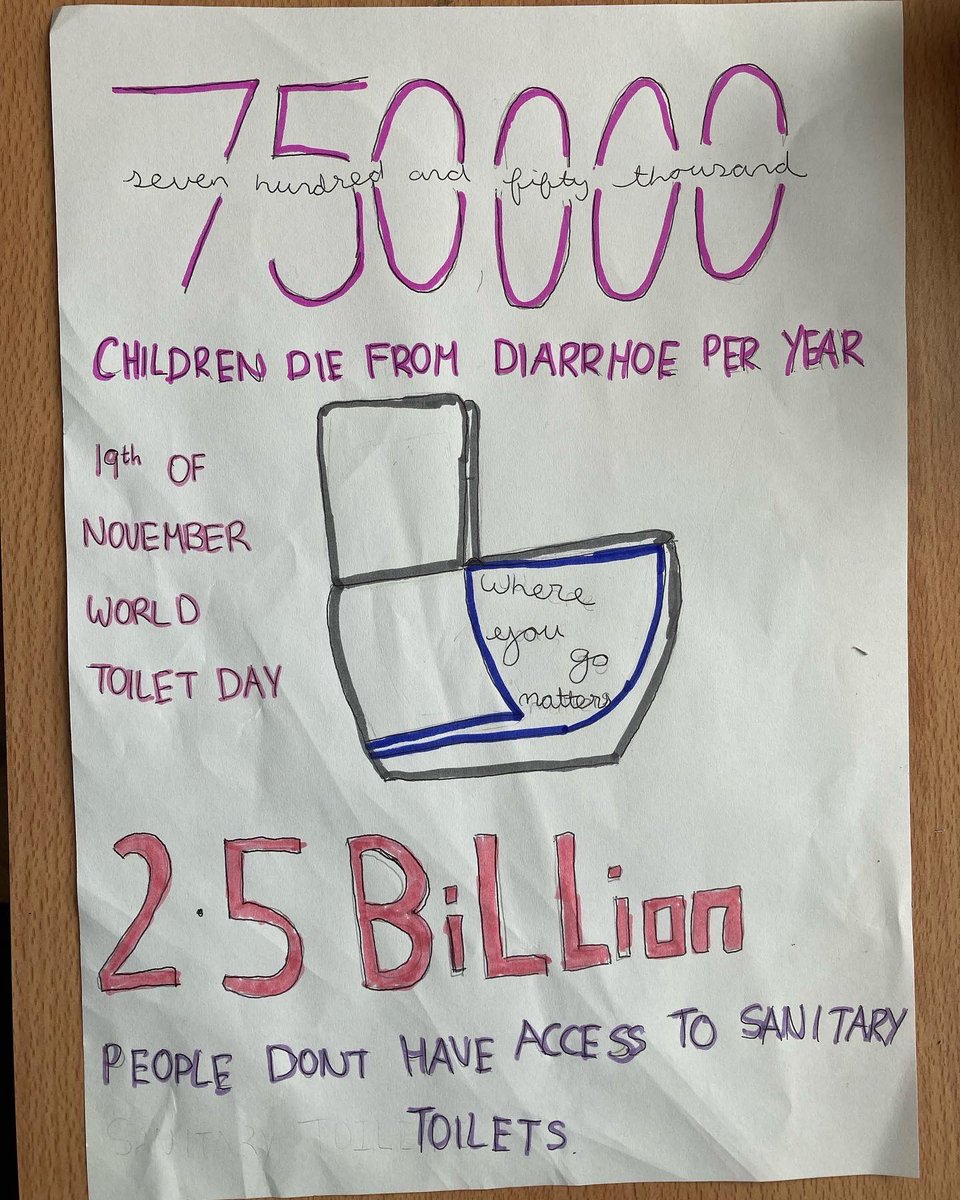 devedmmc's tweet photo. Tomorrow is #WorldToiletDay . Our 1st year students have been making posters to highlight the importance of water and sanitation. Lots of children (especially adolescent girls) don’t go to school because of a lack of toilets facilities. https://t.co/vNFkKounky