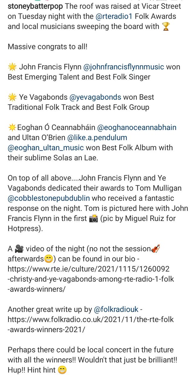 StoneybatterPoP's tweet image. Massive congrats to local musicians   @JFFdublin @yevagabonds @Ceannabhain &amp;amp; @Ultan_Music on winning @RTERadio1 #RTEFolkAwards 🏆. Plus there was a big shout for Tom Mulligan too @CobblestoneDub 🎻
Hup!