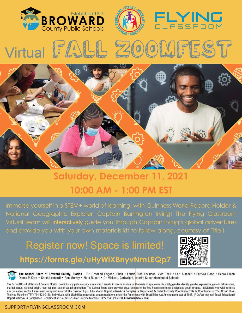 BrowardTitleI's tweet photo. Registration closes tomorrow! FREE virtual ZOOMFEST - December 11, 2021,10:00am. Fun activities with the Flying Classroom Virtual Team &amp; Guinness World Record Holder, Captain Barrington Irving! Free materials kit! Use the link to register: https://t.co/0HoNGGLf0y @browardschools https://t.co/umtlL2boWz