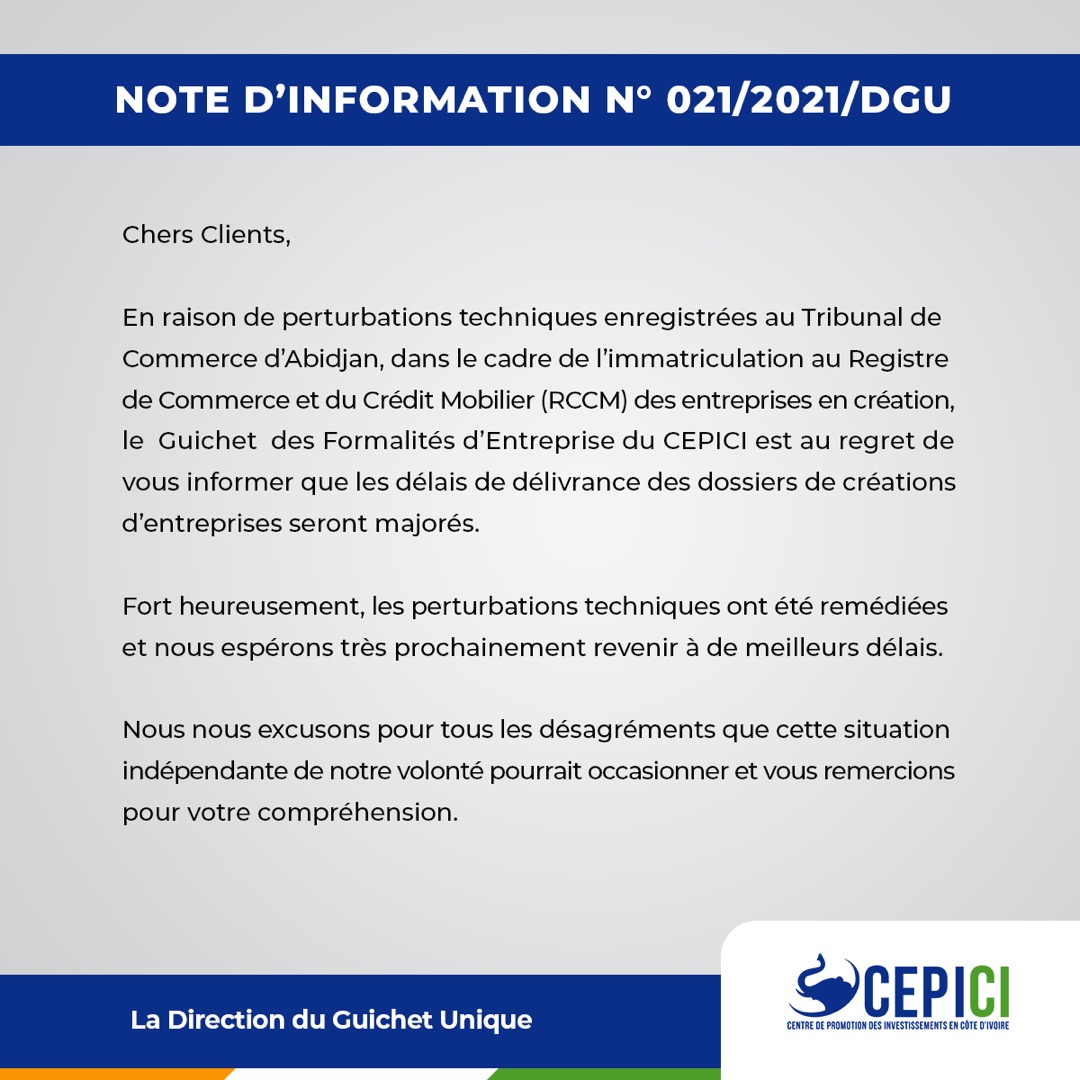 OFaleroun's tweet photo. #225investci #guichetuniquecepici
#créationdentrepriseenci #e_entreprise #e_entrepriseci #cepici #investirenCI
#entreprendreenCI #gouvci 
La panne technique du tribunal du commerce aura des répercussions sur le délais de délivrance des dossiers de création d'entreprise. https://t.co/WB9bgOHR1s