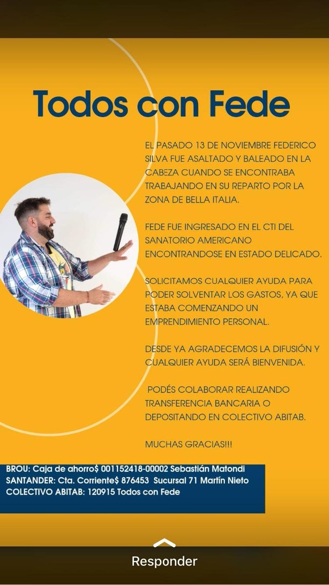 RT SOLIDARIO 

Ayudemos a este gran Bolso que aún sigue internado peleando por su vida, fuerza Fede.